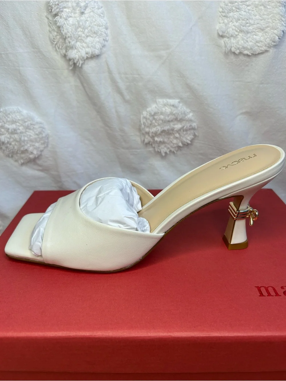 Maeve Metal Bow Open-Toe Mule Heels
